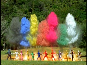 Ever wonder what would happen when two sets of Power Rangers simultaneously let it rip?