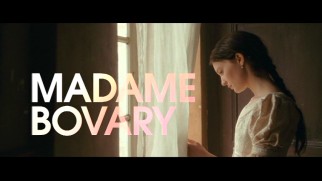 Madame Bovary looks out the window beneath the title card of her theatrical trailer.