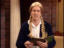 French Stewart reads his favorite fable. The blonde braids are fake, the squint is real.