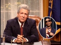 An unsightly Bill Clinton (Bryan Callen) has his speech translated by an Ebonics interpreter.