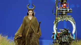 Maleficent looks less menacing walking in front of blue screen in "From Fairy Tale to Feature Film."