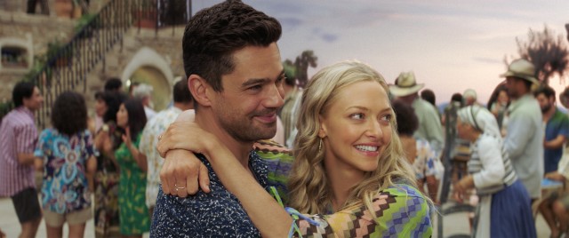 Sky (Dominic Cooper) surprises Sophie (Amanda Seyfried) by showing up in Greece for the grand opening of the hotel Bella Donna.