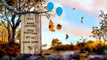 Pooh goes floating after his honey pot which flies away on its own blue balloon on the DVD's suitable new main menu.