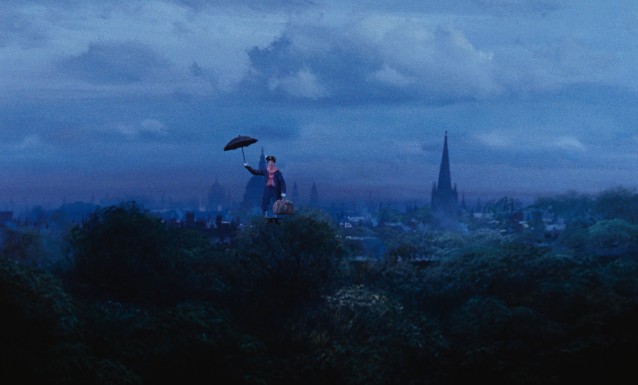Mary Poppins (or a dummy standing in for her) comes flying over to Number 17 on London's Cherry Tree Lane.