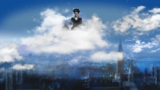 The Blu-ray's main menu has Mary Poppins sitting on a cloud above an animated matte painting of 1910 London.