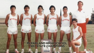 The real Coach White and six of his state title-winning runners appear in this 1987 photo from "Inspiring McFarland."
