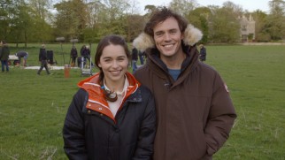 Emilia Clarke and Sam Claflin stay warm on the set in "'Me Before You': From Page to Screen."
