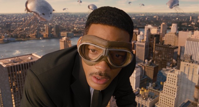 With alien invasion in the sky, Agent J (Will Smith) prepares to time jump off a Chrysler Building eagle.