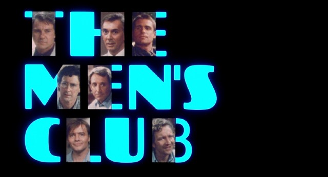 The seven men of "The Men's Club" are introduced with text that disappears, enabling them to form an extremely 1980s title logo.