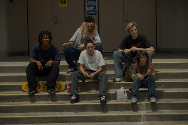 In "mid90s", undersized 13-year-old Stevie (Sunny Suljic, bottom right) becomes the fifth member of a group of skateboarder friends.