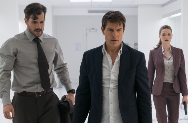 Ethan Hunt (Tom Cruise) needs and gets help from August Walker (Henry Cavill) and Ilsa Faust (Rebecca Ferguson) in a breathtaking bathroom fight at a Berlin music festival in "Mission: Impossible - Fallout."