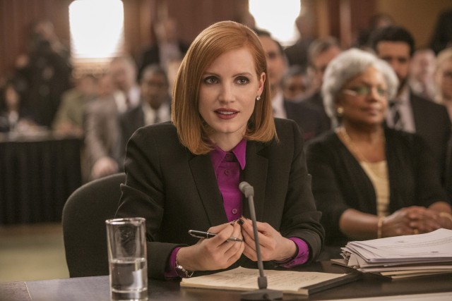 "Miss Sloane" stars Jessica Chastain as Elizabeth Sloane, an influential political lobbyist, who pleads the Fifth Amendment at a Congressional hearing.