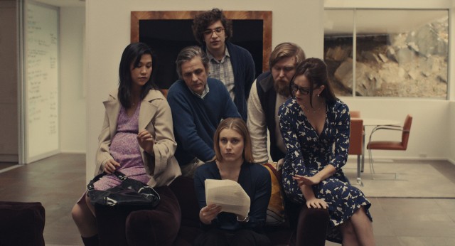 Near the end of the prolonged theatrical scene in Greenwich, Connecticut, everyone gathers around Brooke (Greta Gerwig) to read and critique Tracy's short story inspired by her new friend.
