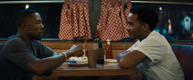 At a Miami diner, a grown Chiron (a.k.a. Black) (Trevante Rhodes) reconnects with the only man who's touched him (Andr Holland) in the third and final act of "Moonlight."