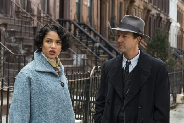Private eye Lionel Essrog (Edward Norton) poses as a journalist to get close to Laura Rose (Gugu Mbatha-Raw) in "Motherless Brooklyn."