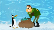 Nat Jones (voiced by Clark Gregg) tries to lure Popper's penguins back to the States with fish in the animated short "Nimrod & Stinky's Antarctic Adventure."
