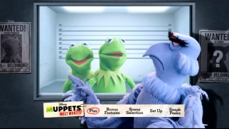Sam Eagle tries to distinguish Constantine from Kermit on the Muppets Most Wanted DVD main menu.