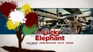 Boy and Elephant ride next to automobile traffic and a painting on the DVD's main menu.