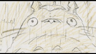 Totoro braves the rain with a leaf on his head in storyboard form.