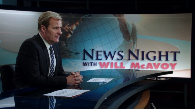 Reporting on Navy SEALS' raid on the fortress of Osama bin Laden, stoned "News Night" anchor Will McAvoy has off-camera signs in front of him reminding him "Osama Bad" and "Obama Good."