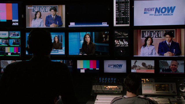 As these control room monitors show, Sloan Sabbith (Olivia Munn) is a little too aggressive towards her guests, a spokesperson for Japan's Fukushima Nuclear Power Plant, while filling in for Elliot Hirsch on ":Right Now."