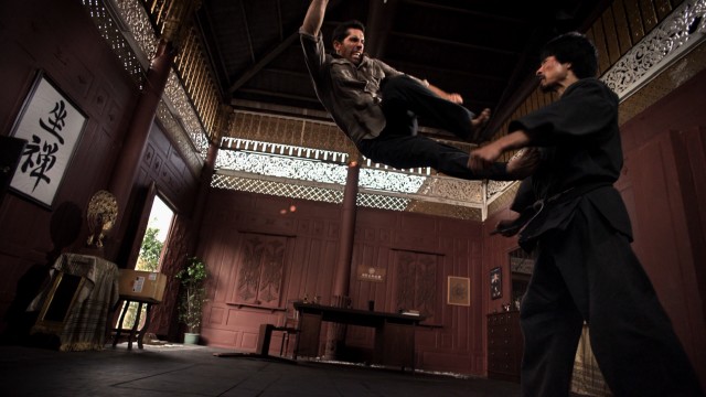 Casey (Scott Adkins) gets a number of flying kicks in in the big finale fight against Nakabara (Kane Kosugi) of "Ninja II: Shadow of a Tear."