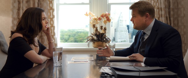 Insurance fraud investigator John Frazier (James Corden) questions celebrity icon Daphne Kluger (Anne Hathaway) about the priceless diamond necklace that disappeared after she wore it.