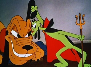 Pluto keeps an open mind towards his shoulder devil's advice in the Oscar-winning 1941 cartoon short "Lend a Paw."