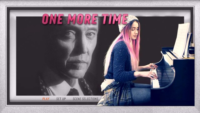 A large Christopher Walken watches pink-haired Amber Heard play piano on the simple "One More Time" DVD main menu.