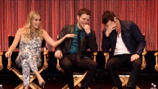 The actors who play the Originals (Claire Holt, Joseph Morgan, and Daniel Gillies) share a laugh during the Paleyfest 2014 panel.