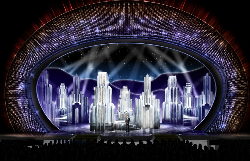 Concept sketch for the 89th Academy Awards by Derek McLane places host Jimmy Kimmel on a stage decorated with crystals from Swarovski.