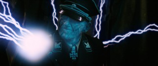 Bolts of electricity turn a Nazi zombie blue.