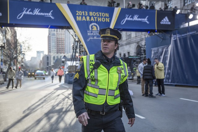 Mark Wahlberg plays fictional composite police sergeant Tommy Saunders, who patrols the Boston Marathon in "Patriots Day."