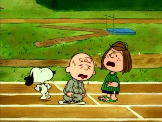 Training for a decathlon with Snoopy and Peppermint Patty, Charlie Brown tires quickly in "You're the Greatest, Charlie Brown."