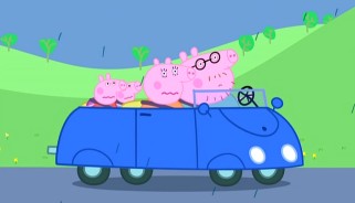 The Pigs ride a new blue car while their regular one is repaired.