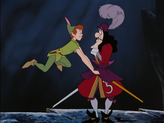 The lines of Good and Evil are clearly drawn when Captain Hook and Peter Pan do battle.