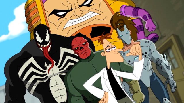 Dr. Doofenshmirtz relishes the company of evildoers Venom, M.O.D.O.K., Red Skull, and Whiplash in "Phineas and Ferb: Mission Marvel."