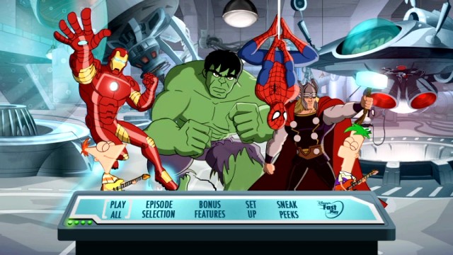 Phineas, Ferb, and their superhero pals rock out on the Mission Marvel DVD's animated main menu.