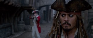 Captain Jack Sparrow (Johnny Depp) is ordered to halt by an armed British redcoat not long for this world.