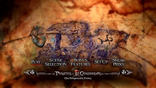 The "On Stranger Tides" DVD main menu offers a rotating Fountain of Youth map, showing more creativity than a standard clip montage.