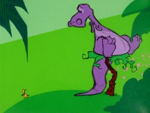 A comparably tiny caveman scolds a purple dinosaur for bouncing on his tree in Pete Docter's "Palm Springs."