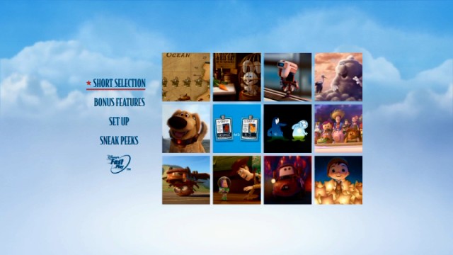 Each of the twelve featured shorts of Pixar Short Films Collection, Volume 2 gets a square that turns from still to clip on the DVD's main menu.