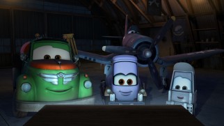 Dusty's supportive friends back in Propwash Junction watch him race on TV.