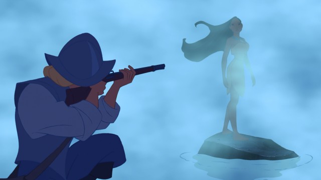 In his first sighting of Pocahontas, John Smith aims his rifle at the unknown female appearing in the mist before him.