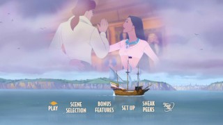 John Rolfe and Pocahontas practice a dance while their CGI ship crawls by on the new Pocahontas II DVD's main menu.