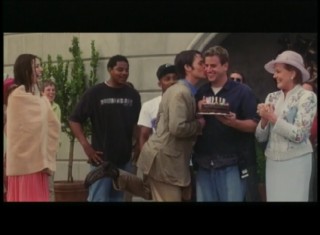 Chris Pine follows Anne Hathaway's lead and kisses the crew member with the birthday cake in PD2's Royal Bloopers.