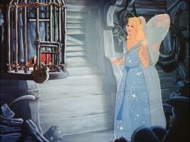 The Blue Fairy comes to a caged Pinocchio's rescue.