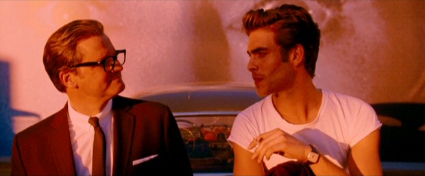 The typically dulled color palette creeps back to life, as George (Colin Firth) is charmed by Spanish hustler Carlos (Jon Kortajarena) while Janet Leigh looks on from a "Psycho" billboard.