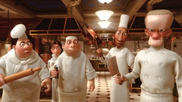 Five members of the kitchen staff at Gusteau's (left to right): Pompidou, Colette, Larousse, Lalo, and Horst strike a pose.