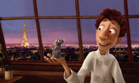 Linguini and his puppeteer Remy get buddy-buddy in front of Pixar's luscious view of Paris at sunset.